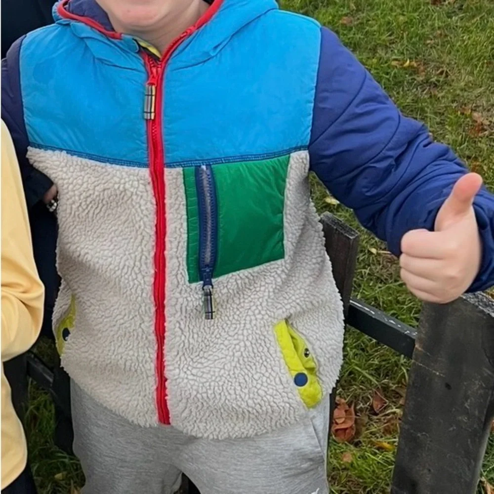 Boden Kids Colorblock Puffer Jacket in Blue, Navy, Cream, Green, Yellow, Red